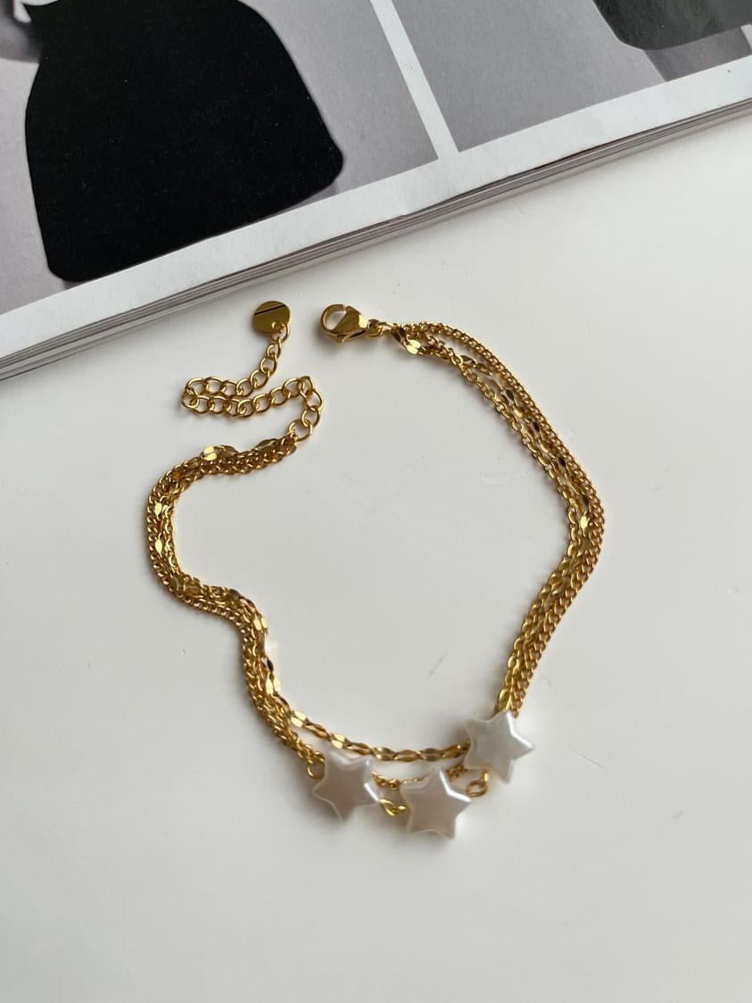 Çelik Gold Beyaz Yılldızlı Üçlü Birleşik Kombin Bileklik (27 Cm)
