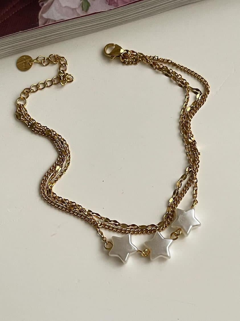 Çelik Gold Beyaz Yılldızlı Üçlü Birleşik Kombin Bileklik (27 Cm)