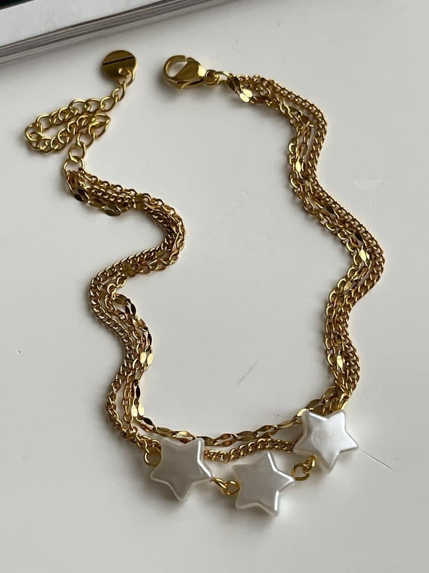Çelik Gold Beyaz Yılldızlı Üçlü Birleşik Kombin Bileklik (27 Cm)