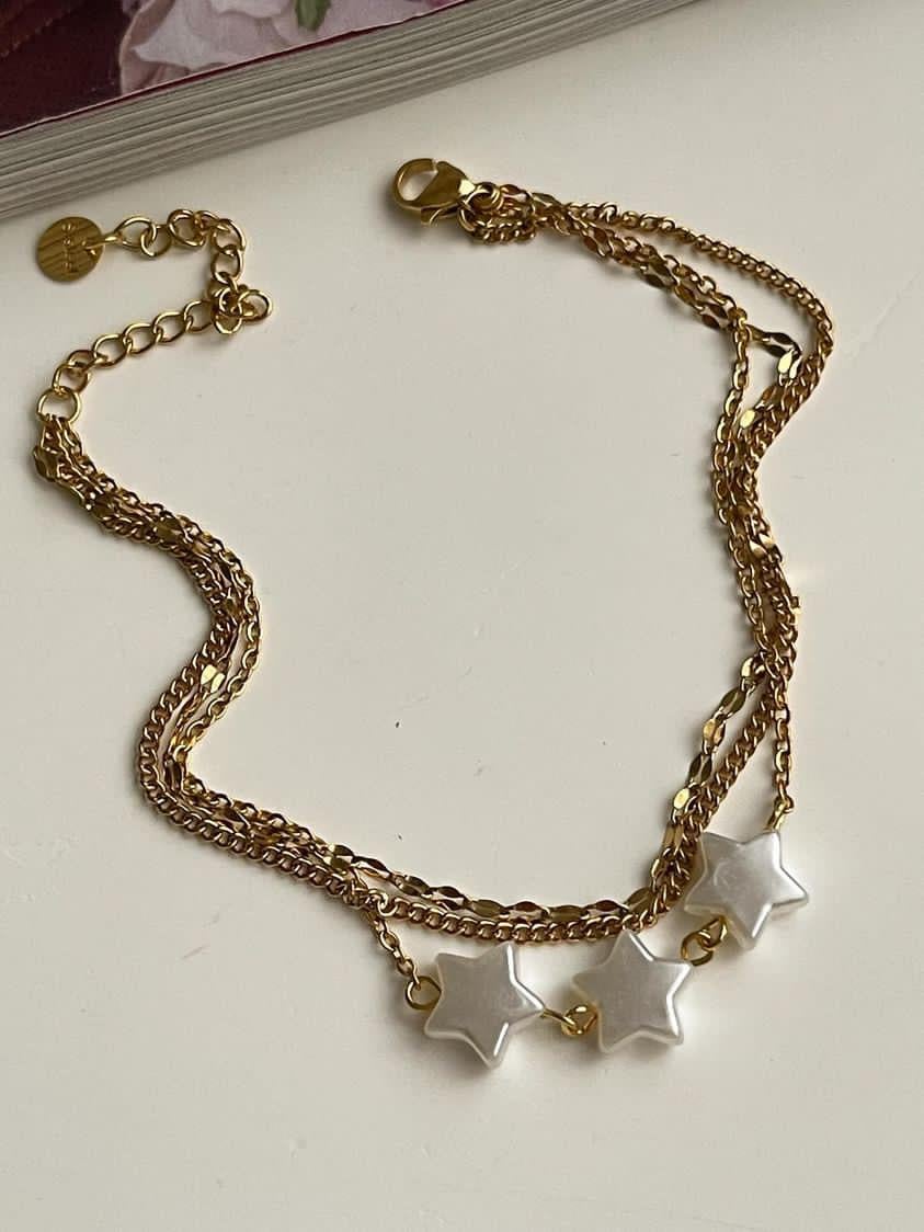 Çelik Gold Beyaz Yılldızlı Üçlü Birleşik Kombin Bileklik (27 Cm)