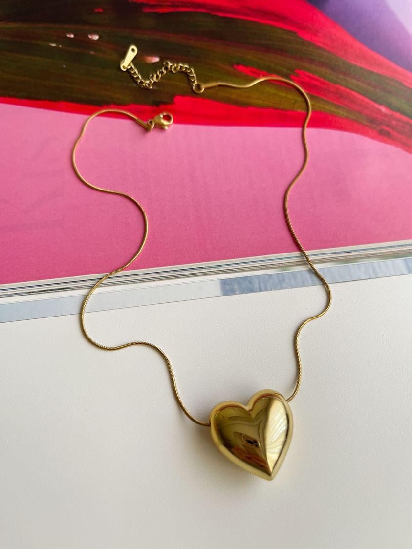 Çelik Gold Bombeli Kalp Kolye (45 Cm)