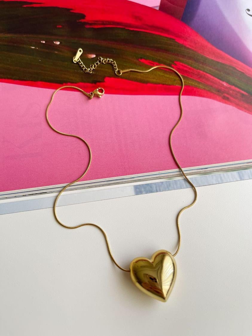 Çelik Gold Bombeli Kalp Kolye (45 Cm)