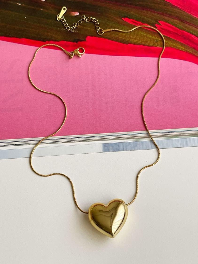 Çelik Gold Bombeli Kalp Kolye (45 Cm)