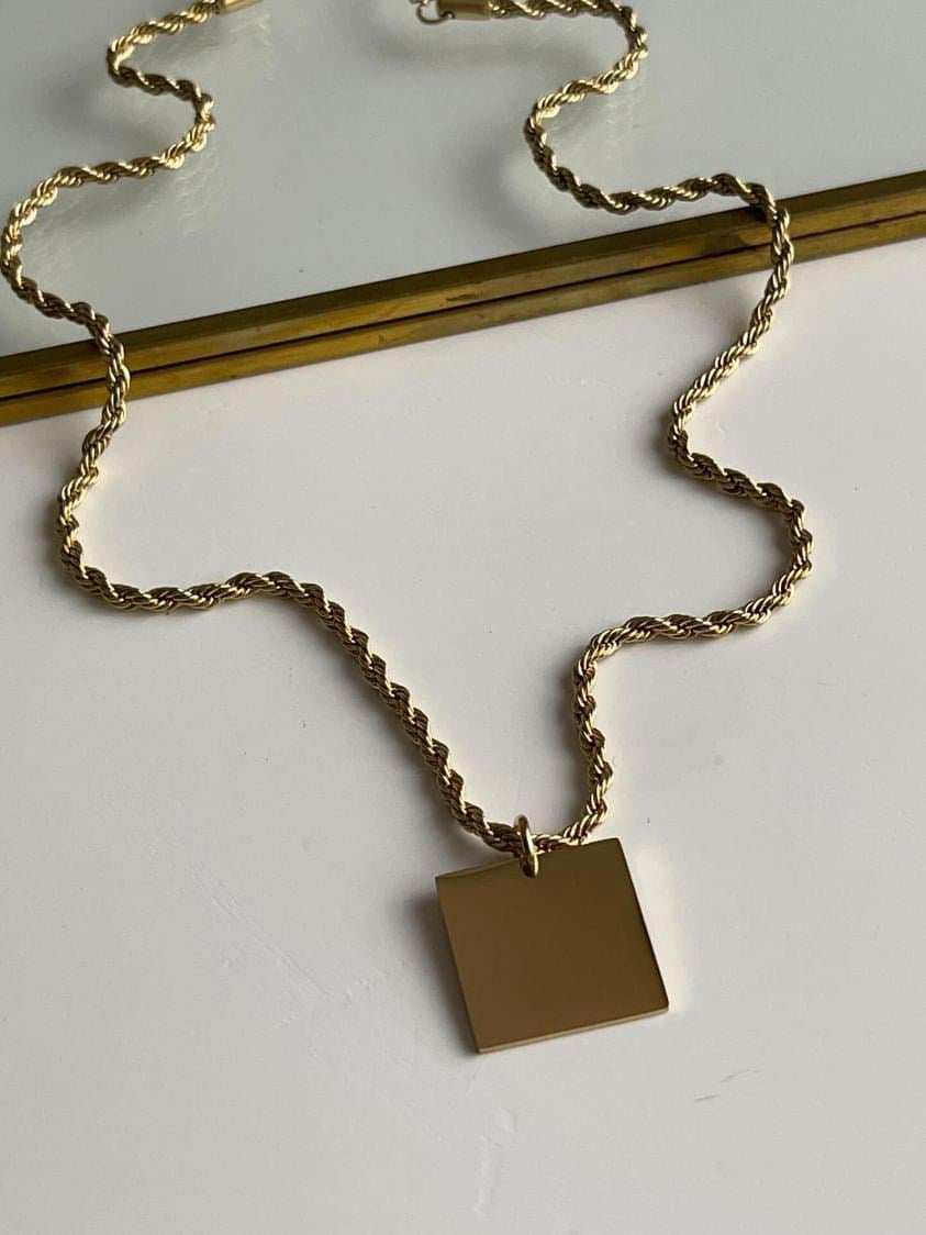 Çelik Gold Burgu Halat İsim Yazdırılabilen Plaka Kolye (51 Cm)