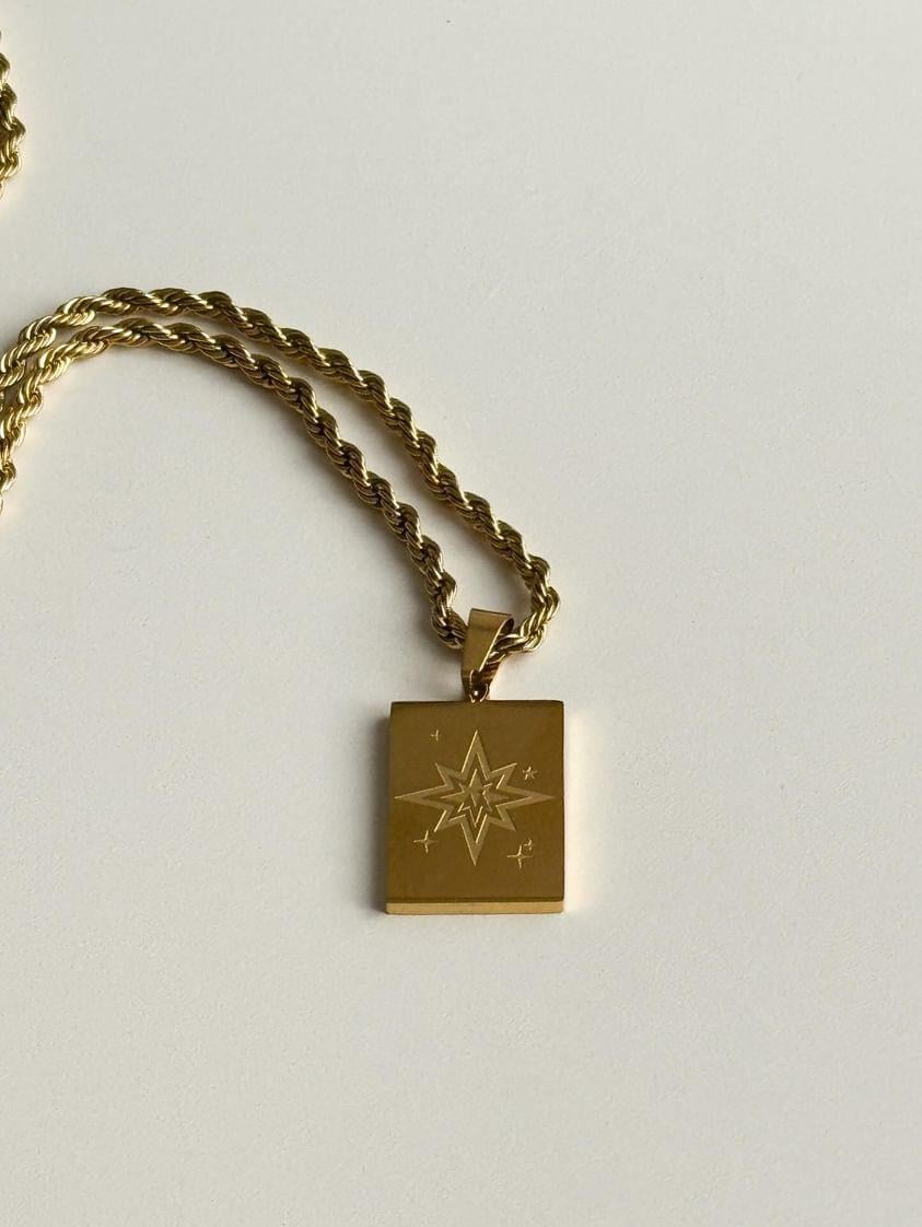 Çelik Gold Burgu Halat Kare Yıldızlı Uzun Kolye (65 Cm)
