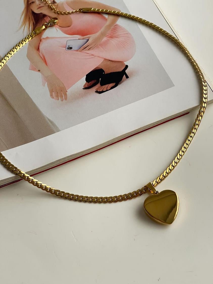 Çelik Gold Desenli Zincir Kalp Kolye (45 Cm)