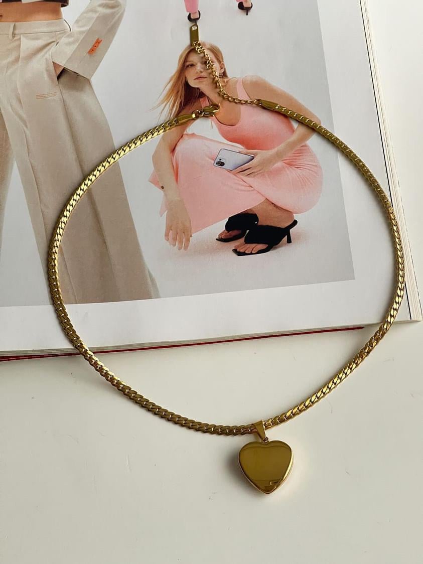 Çelik Gold Desenli Zincir Kalp Kolye (45 Cm)