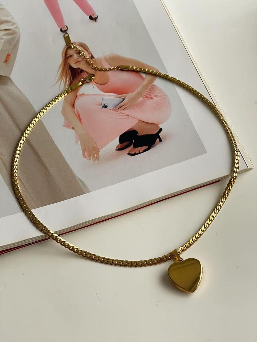 Çelik Gold Desenli Zincir Kalp Kolye (45 Cm)