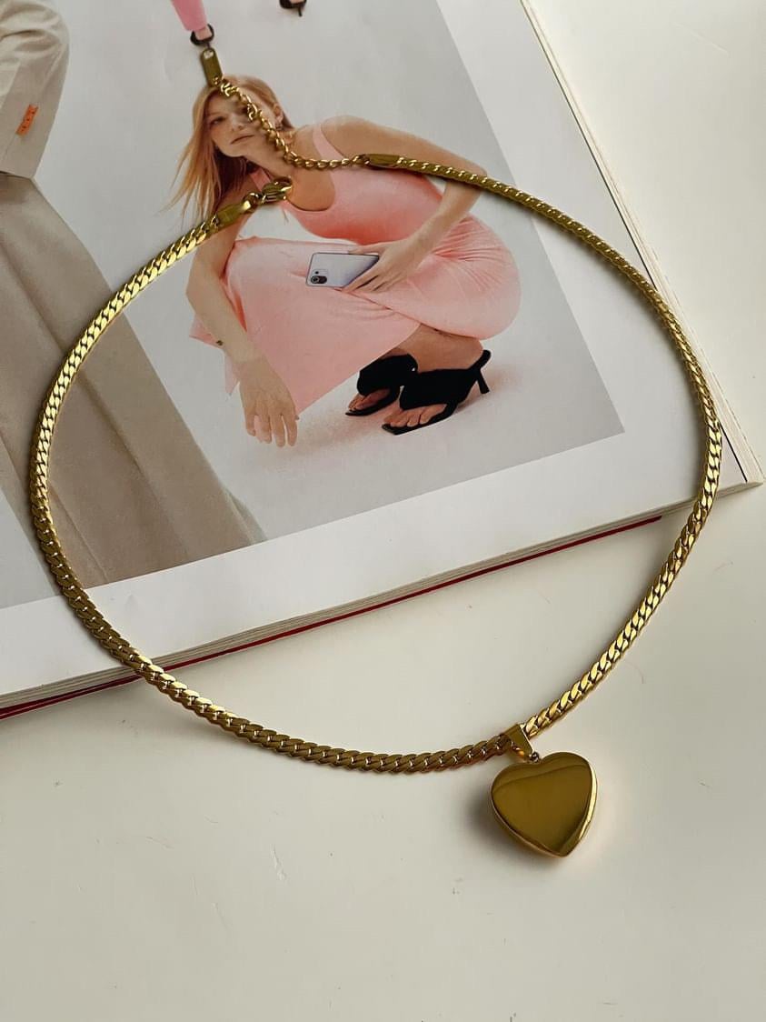 Çelik Gold Desenli Zincir Kalp Kolye (45 Cm)