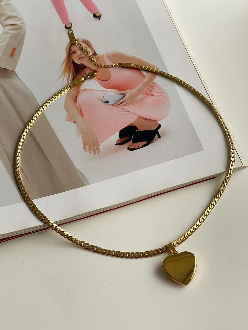 Çelik Gold Desenli Zincir Kalp Kolye (45 Cm)