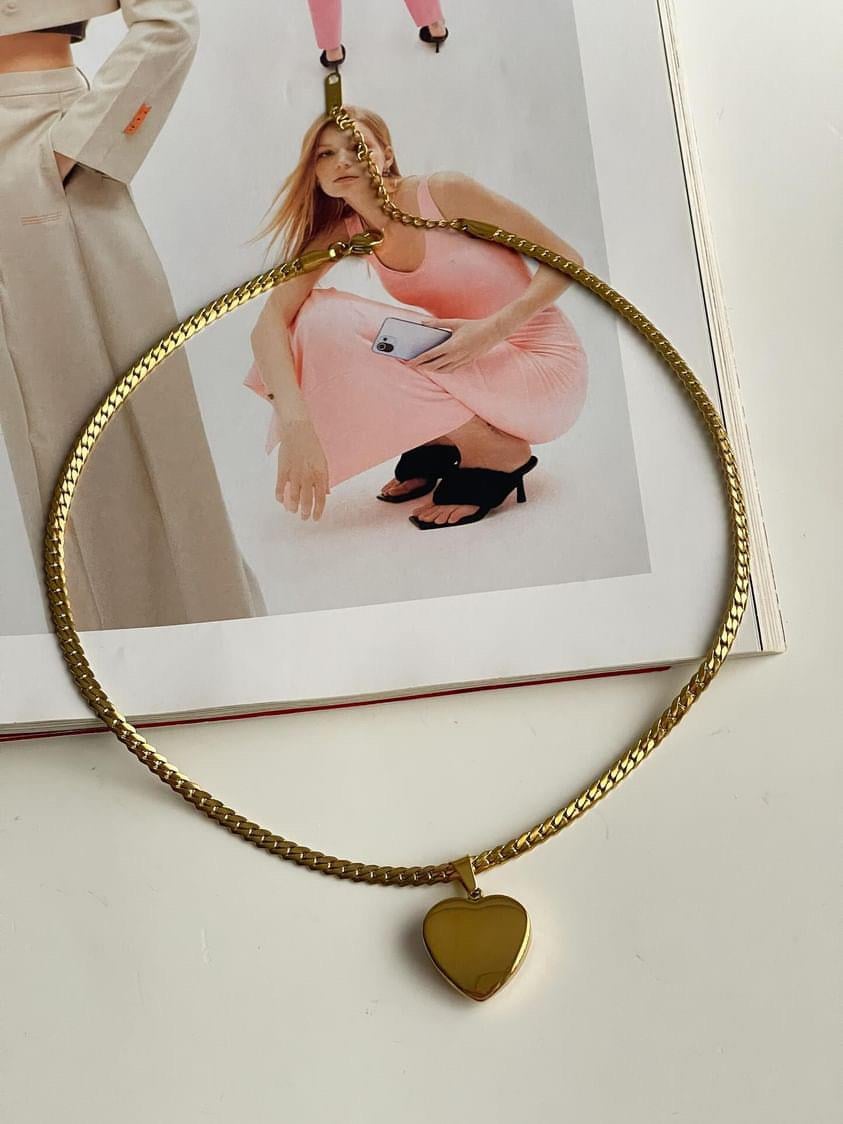 Çelik Gold Desenli Zincir Kalp Kolye (45 Cm)