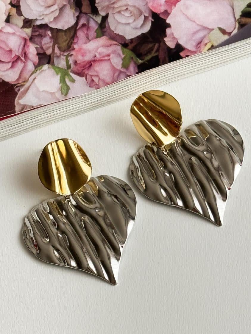 Çelik Gold Gümüş Renk Kombinli Kalp Küpe (5 Cm)