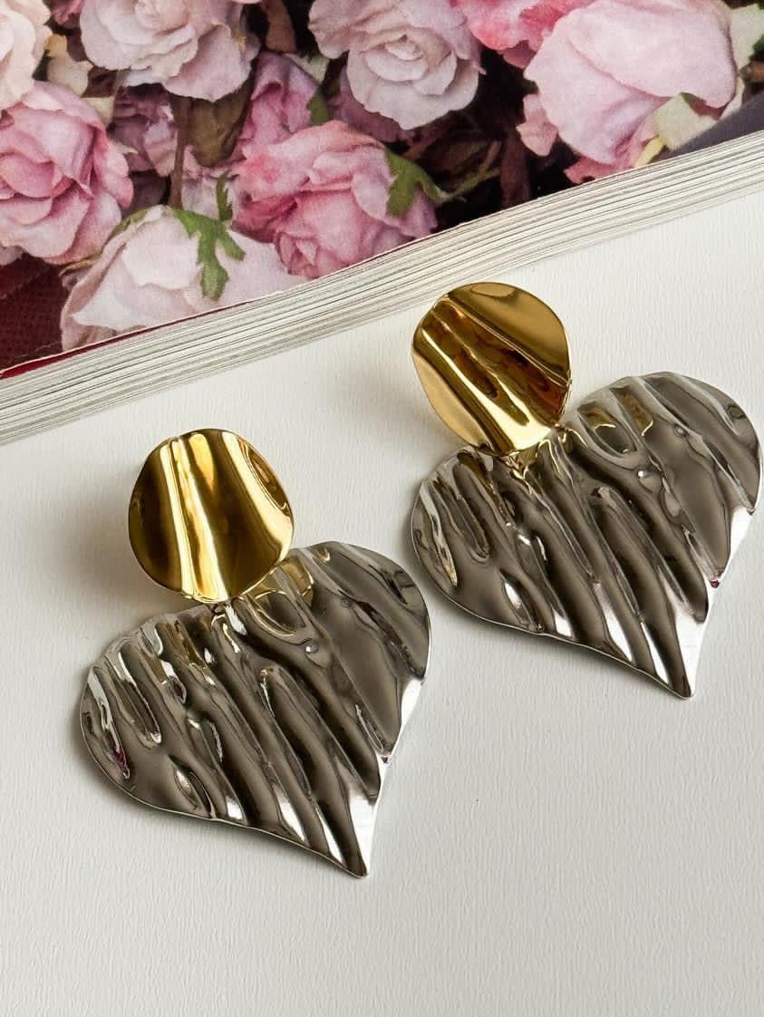 Çelik Gold Gümüş Renk Kombinli Kalp Küpe (5 Cm)