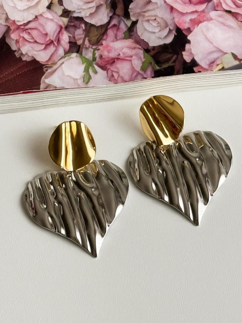 Çelik Gold Gümüş Renk Kombinli Kalp Küpe (5 Cm)
