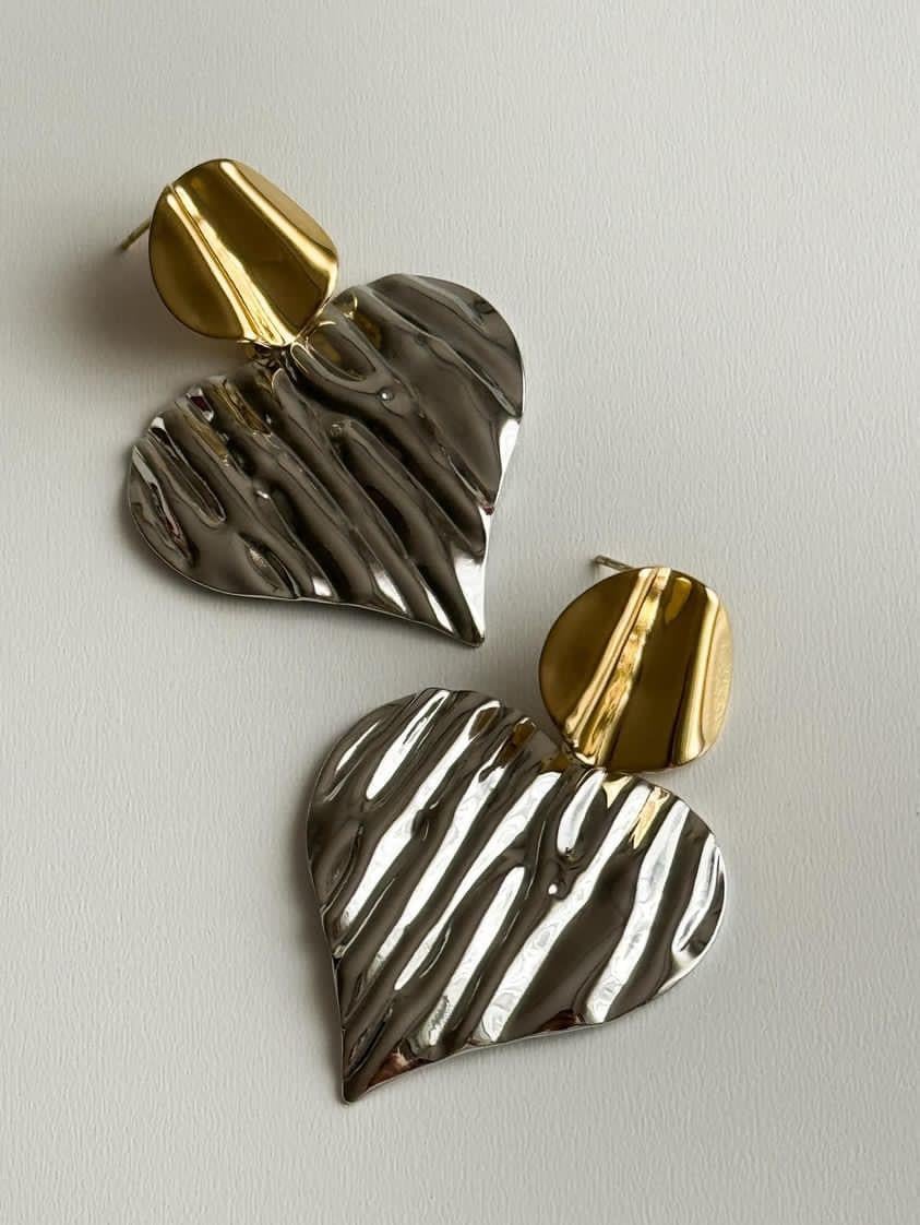 Çelik Gold Gümüş Renk Kombinli Kalp Küpe (5 Cm)