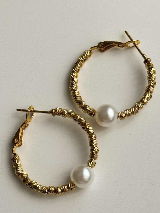 Çelik Gold İncili Dorika Halka Küpe (3.20 Cm)