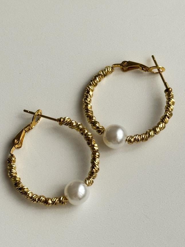 Çelik Gold İncili Dorika Halka Küpe (3.20 Cm)