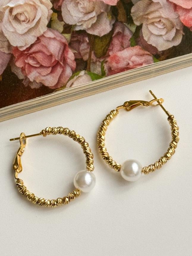 Çelik Gold İncili Dorika Halka Küpe (3.20 Cm)