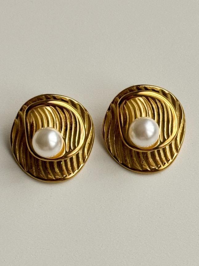 Çelik Gold İncili Midye Küpe (2.10 Cm)