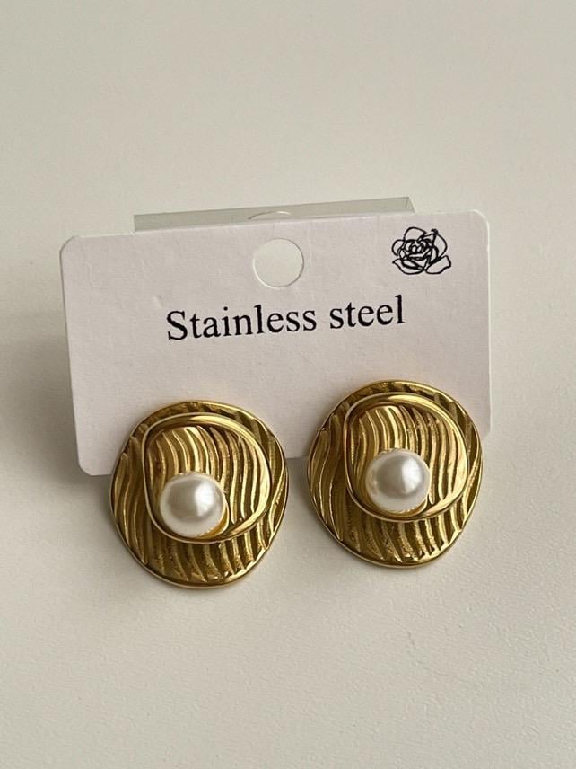 Çelik Gold İncili Midye Küpe (2.10 Cm)