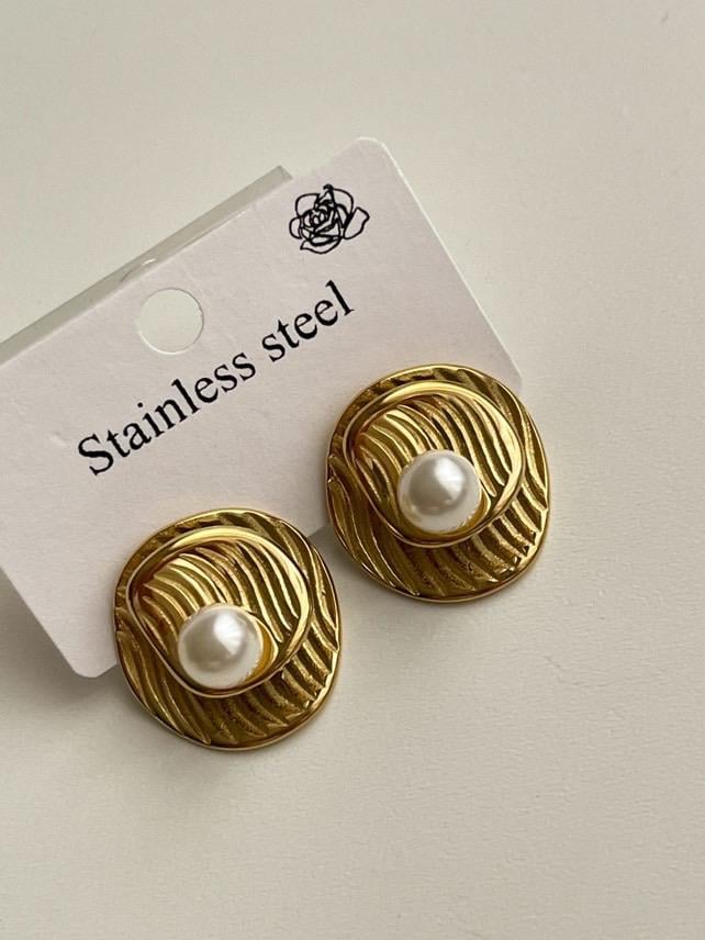 Çelik Gold İncili Midye Küpe (2.10 Cm)