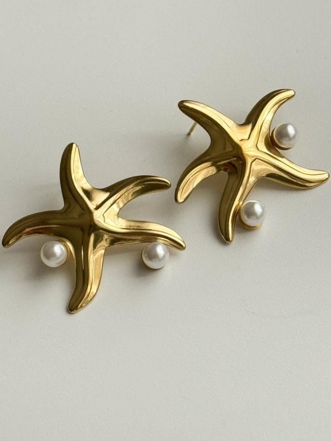 Çelik Gold İncili Yıldız Küpe (3.5 Cm)