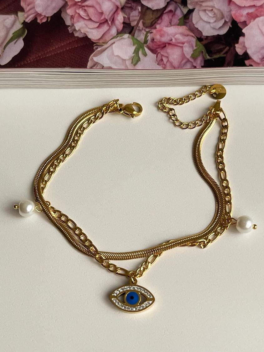 Çelik Gold İtalyan İncili Göz İkili Birleşik Kombin Halhal (27 Cm)