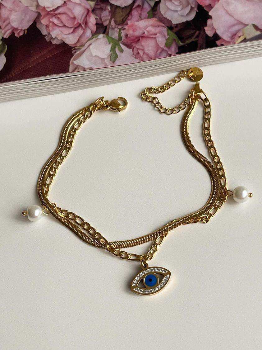 Çelik Gold İtalyan İncili Göz İkili Birleşik Kombin Halhal (27 Cm)