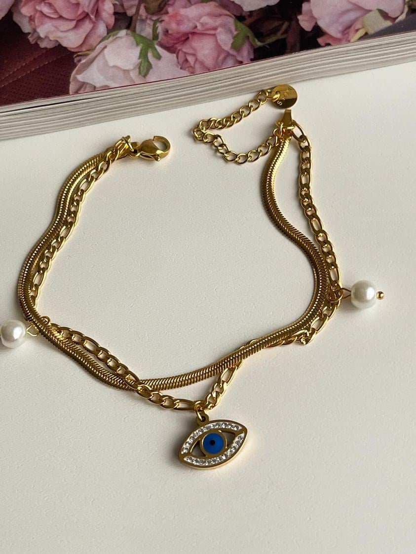 Çelik Gold İtalyan İncili Göz İkili Birleşik Kombin Halhal (27 Cm)