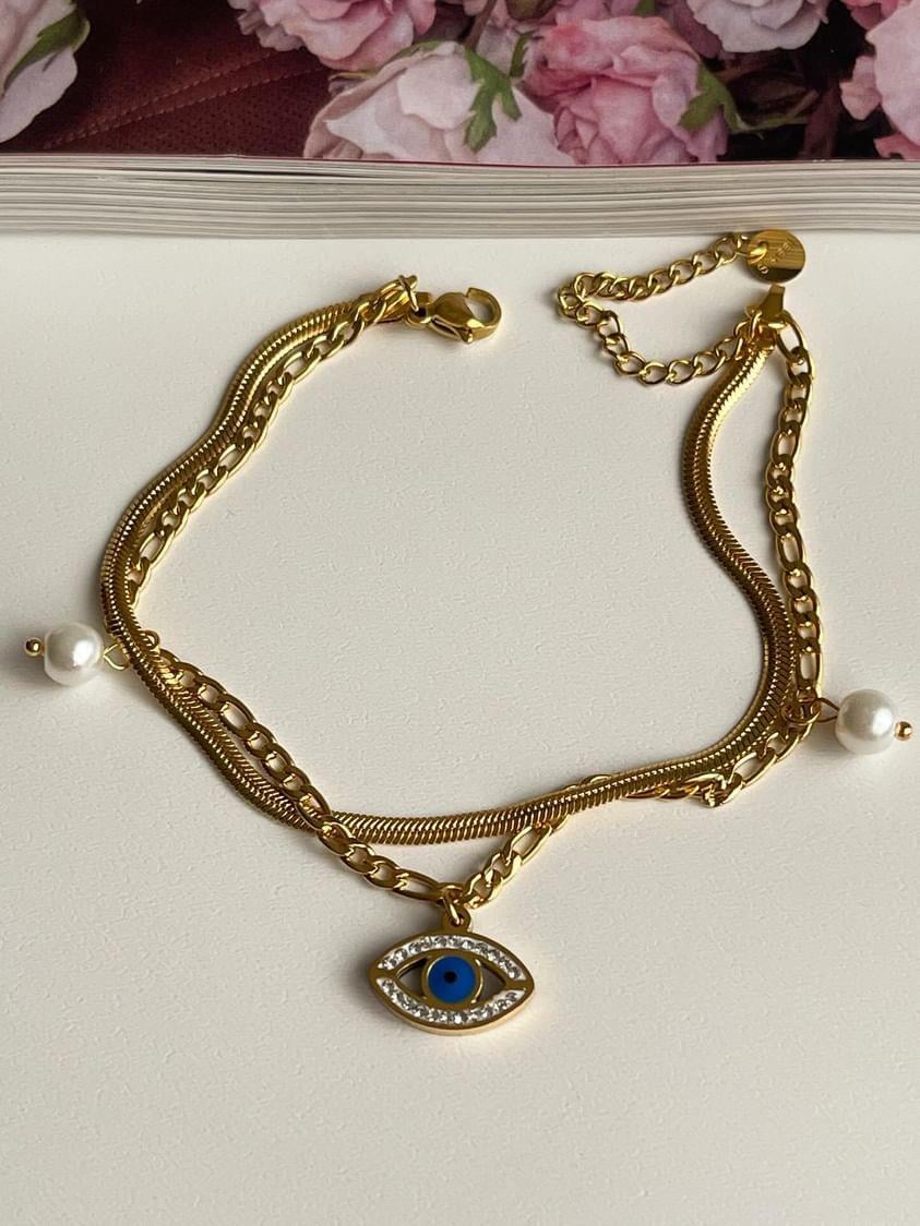 Çelik Gold İtalyan İncili Göz İkili Birleşik Kombin Halhal (27 Cm)