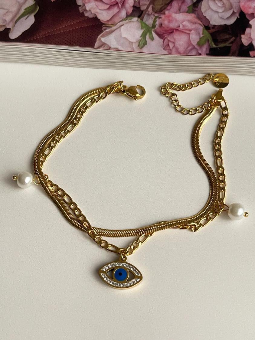 Çelik Gold İtalyan İncili Göz İkili Birleşik Kombin Halhal (27 Cm)