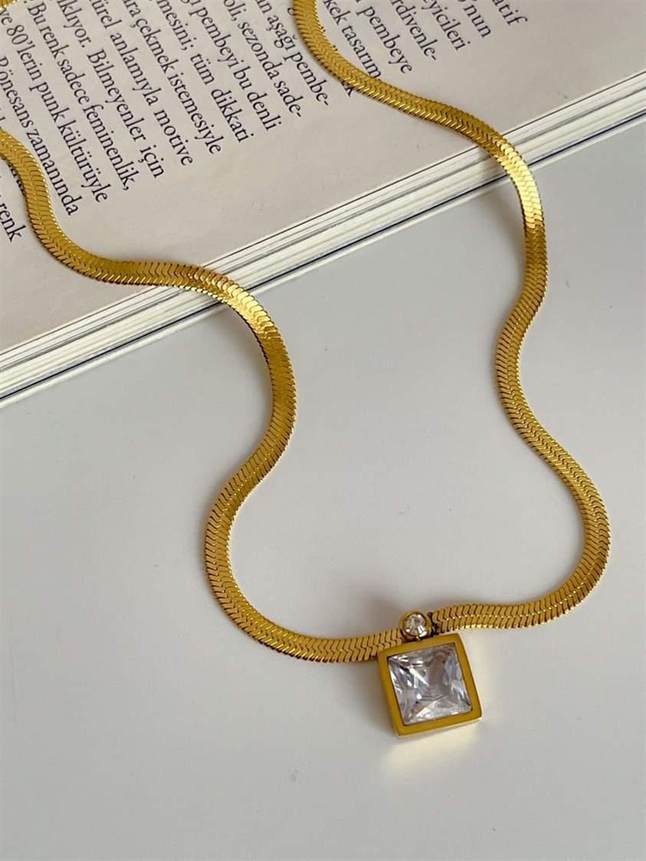 Çelik Gold İtalyan Zincir Baget Taşlı Kolye (45 Cm)