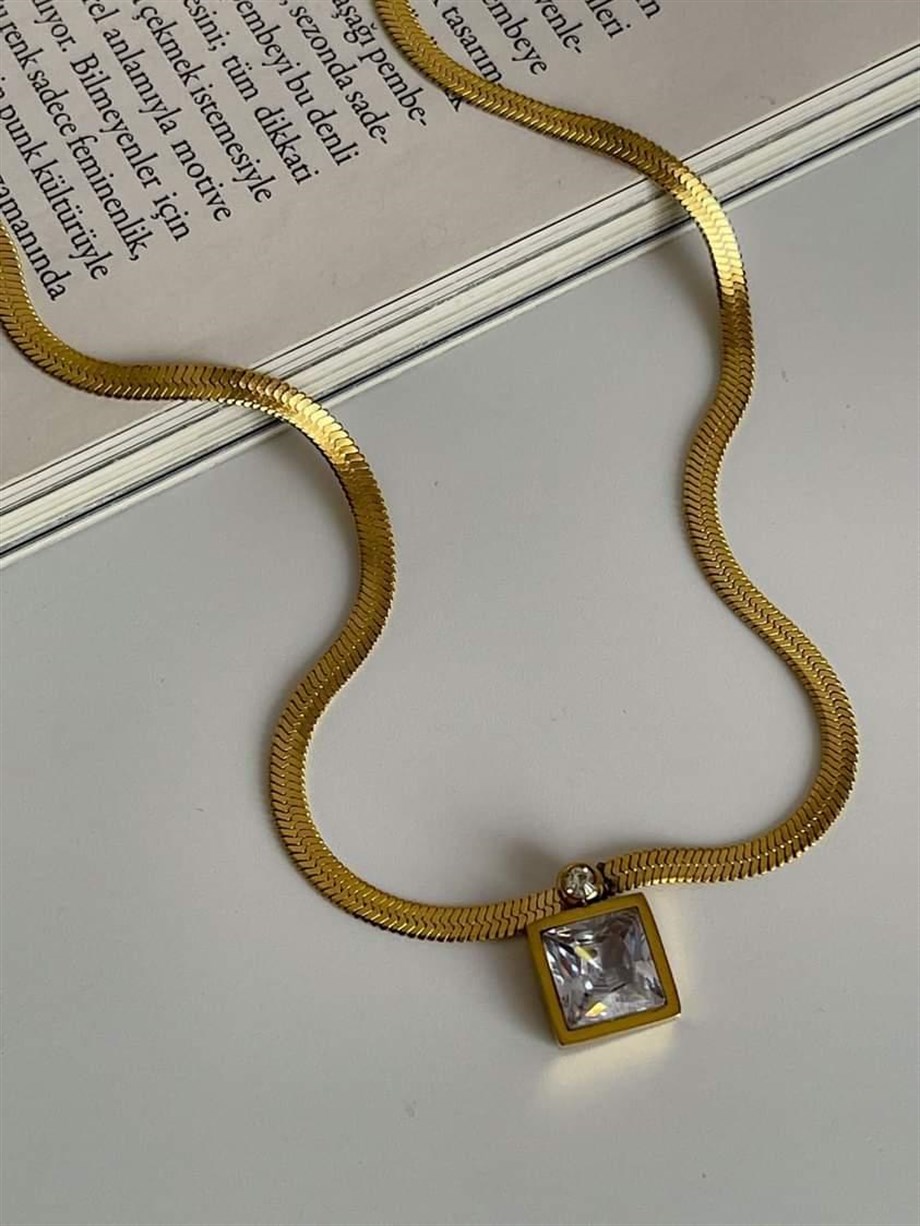 Çelik Gold İtalyan Zincir Baget Taşlı Kolye (45 Cm)