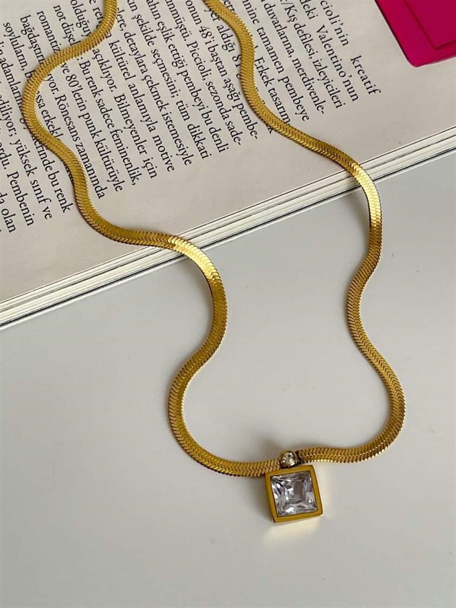 Çelik Gold İtalyan Zincir Baget Taşlı Kolye (45 Cm)