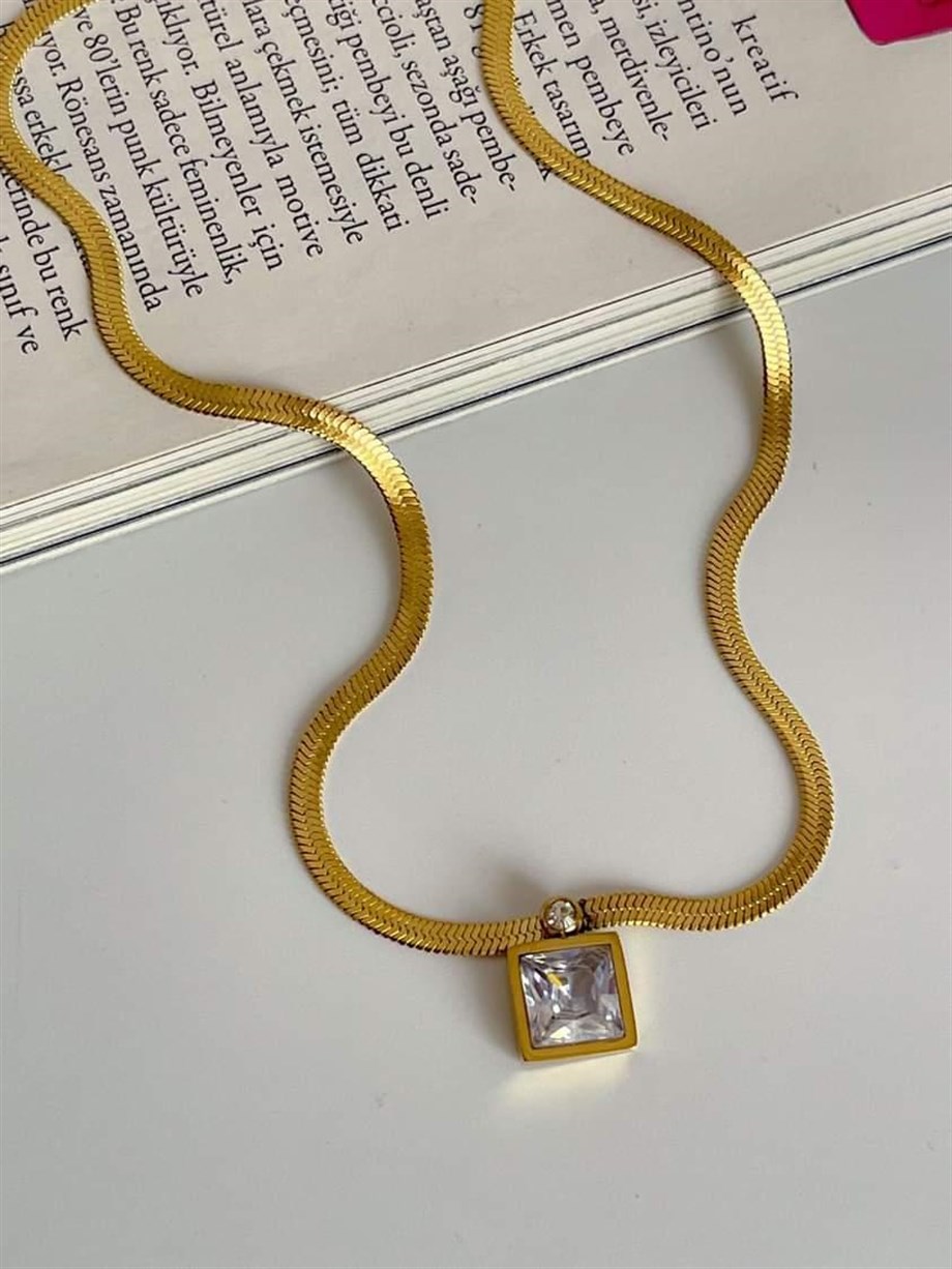 Çelik Gold İtalyan Zincir Baget Taşlı Kolye (45 Cm)