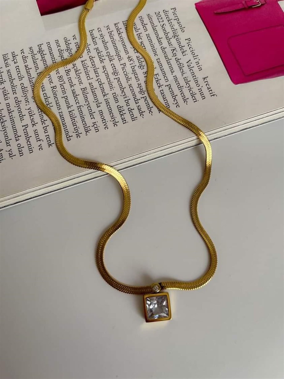Çelik Gold İtalyan Zincir Baget Taşlı Kolye (45 Cm)