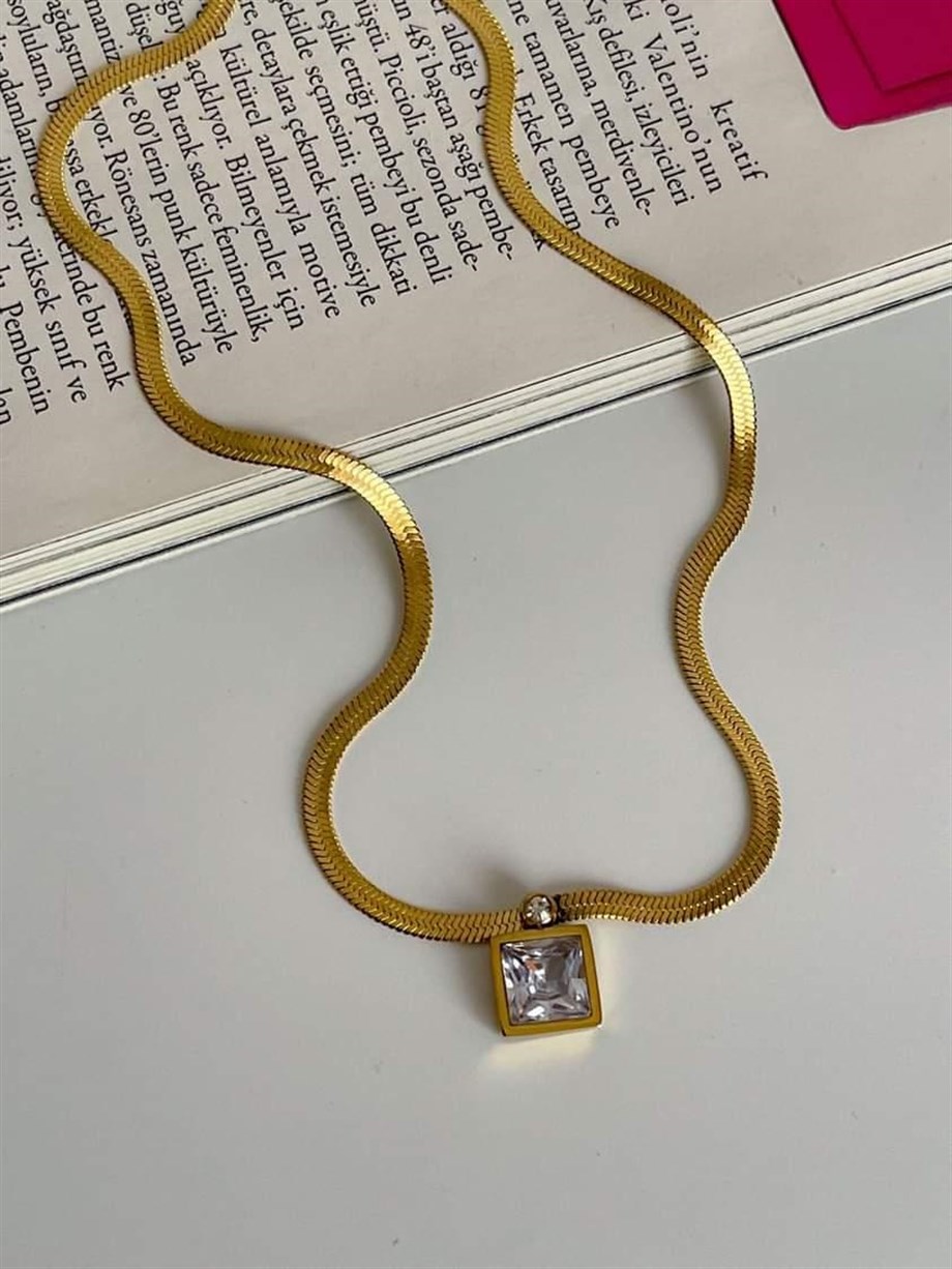 Çelik Gold İtalyan Zincir Baget Taşlı Kolye (45 Cm)