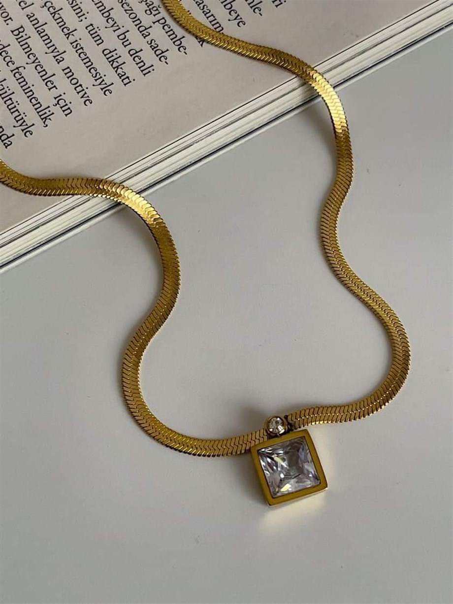 Çelik Gold İtalyan Zincir Baget Taşlı Kolye (45 Cm)