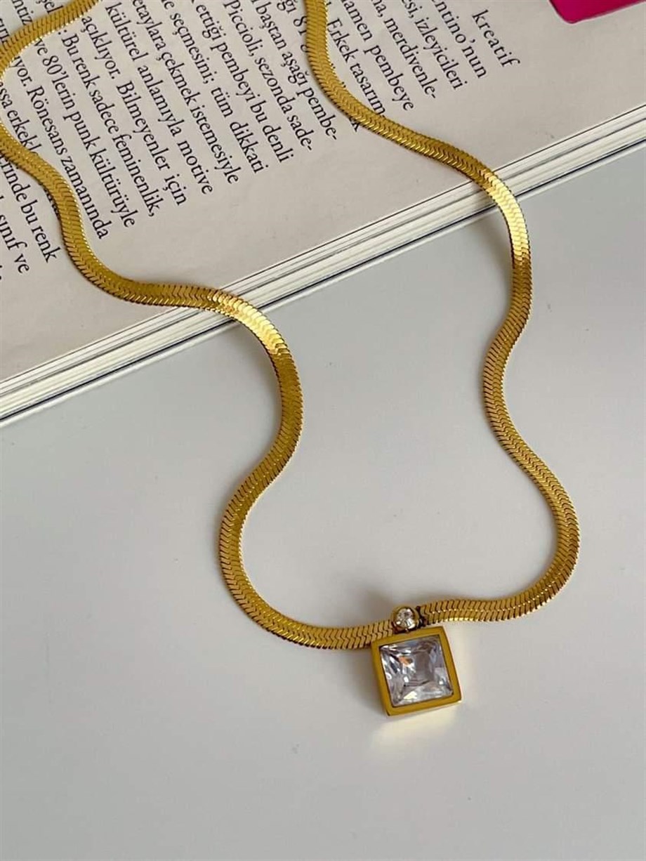 Çelik Gold İtalyan Zincir Baget Taşlı Kolye (45 Cm)