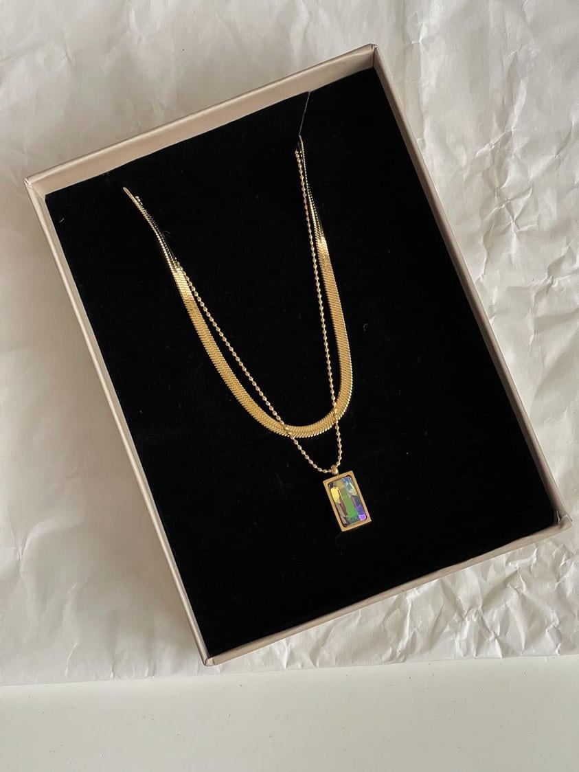 Çelik Gold İtalyan Zincir Kare Topçuklu İkili Birleşik Kombin Kolye (46 Cm)