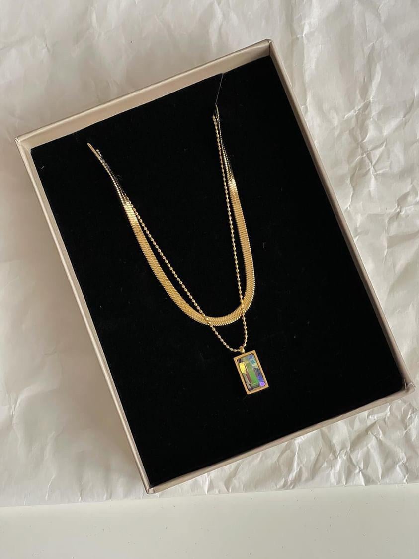 Çelik Gold İtalyan Zincir Kare Topçuklu İkili Birleşik Kombin Kolye (46 Cm)