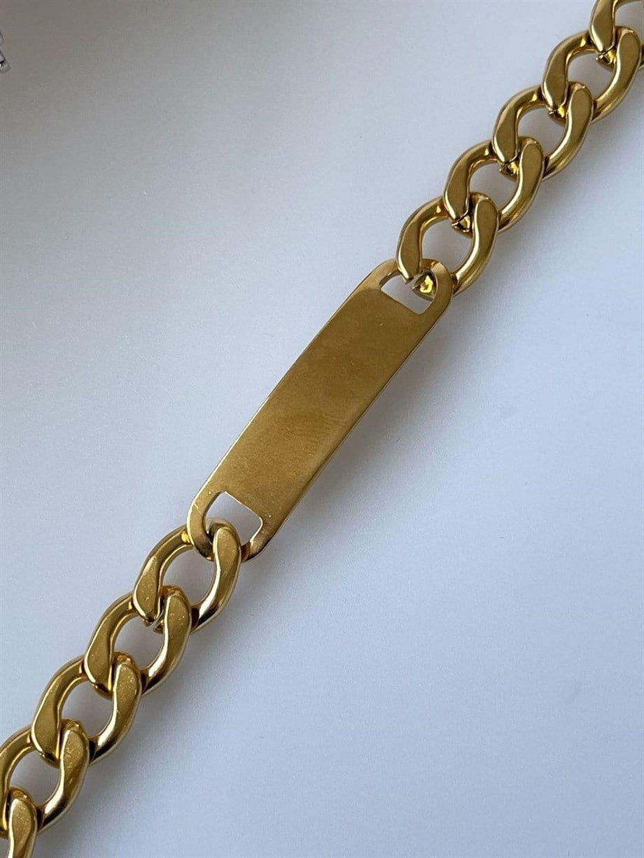 Çelik Gold Kalın İsim Yazdırılabilir Künye Bİleklik (21 Cm)