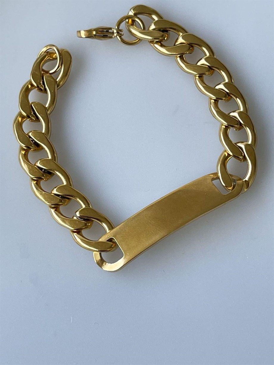 Çelik Gold Kalın İsim Yazdırılabilir Künye Bİleklik (21 Cm)