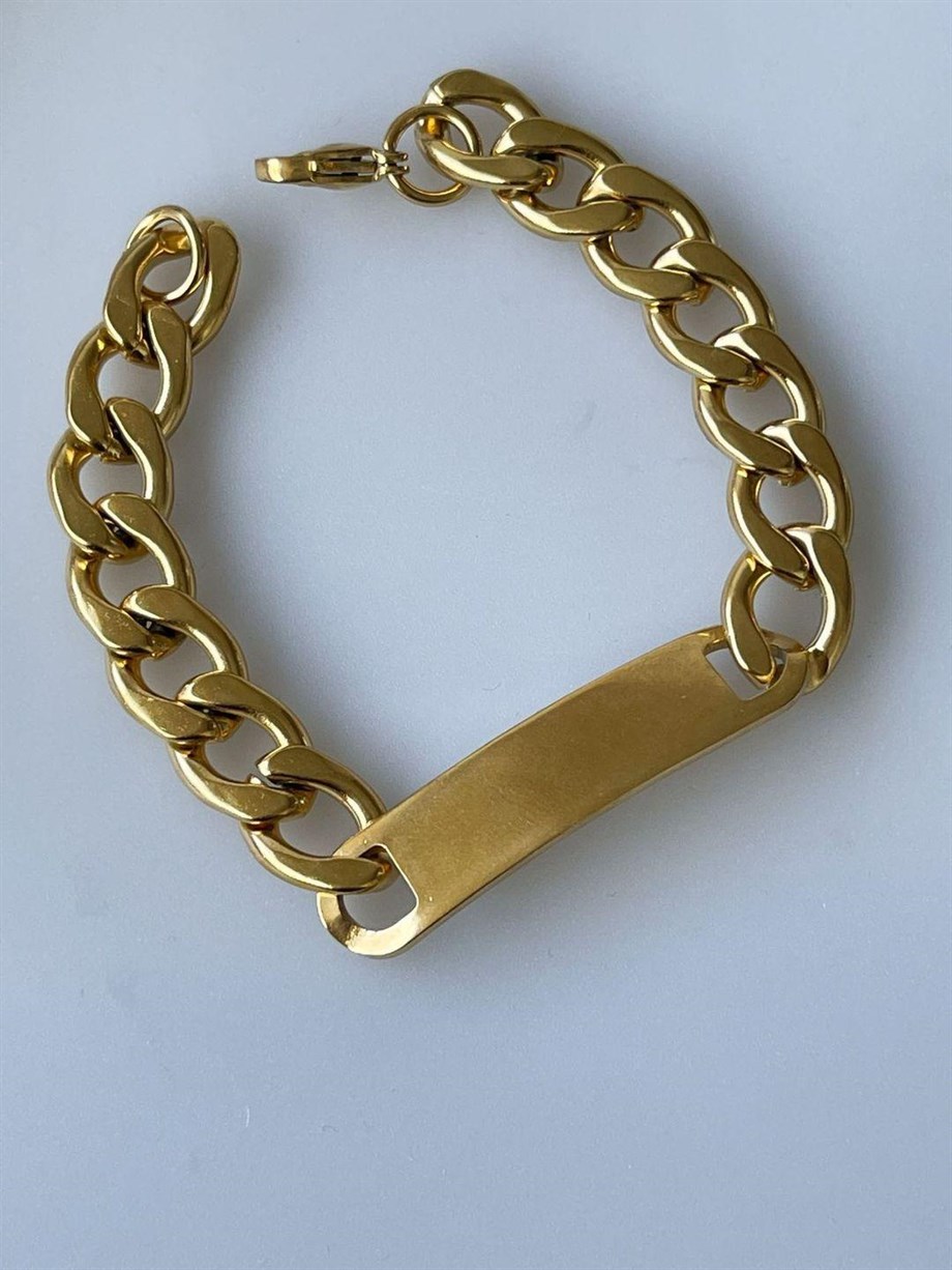 Çelik Gold Kalın İsim Yazdırılabilir Künye Bİleklik (21 Cm)