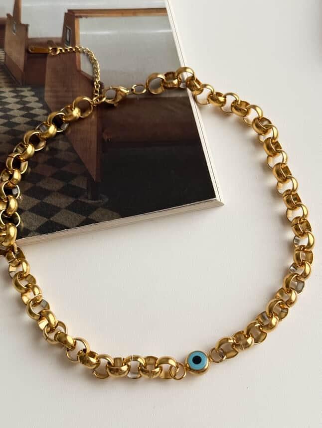 Çelik Gold Kalın Nazar Boncuklu Kolye (46 Cm)