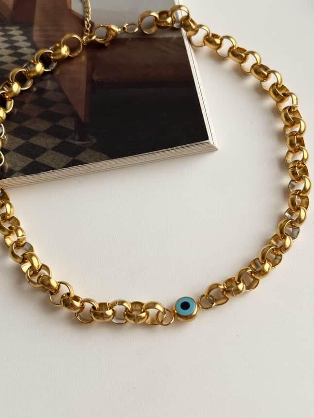 Çelik Gold Kalın Nazar Boncuklu Kolye (46 Cm)