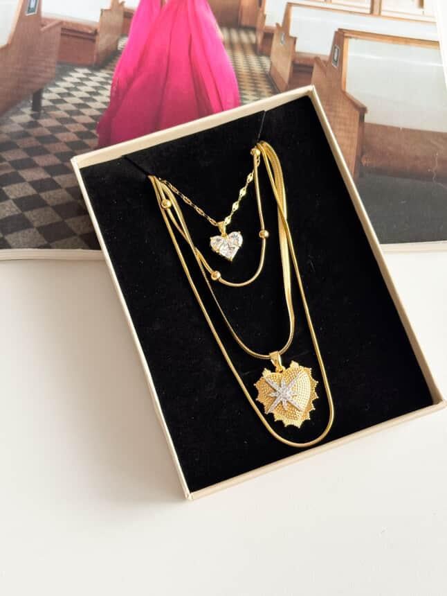 Çelik Gold Kalpli Dörtlü Birleşik Olmayan Kombinli Kolye (65 Cm)
