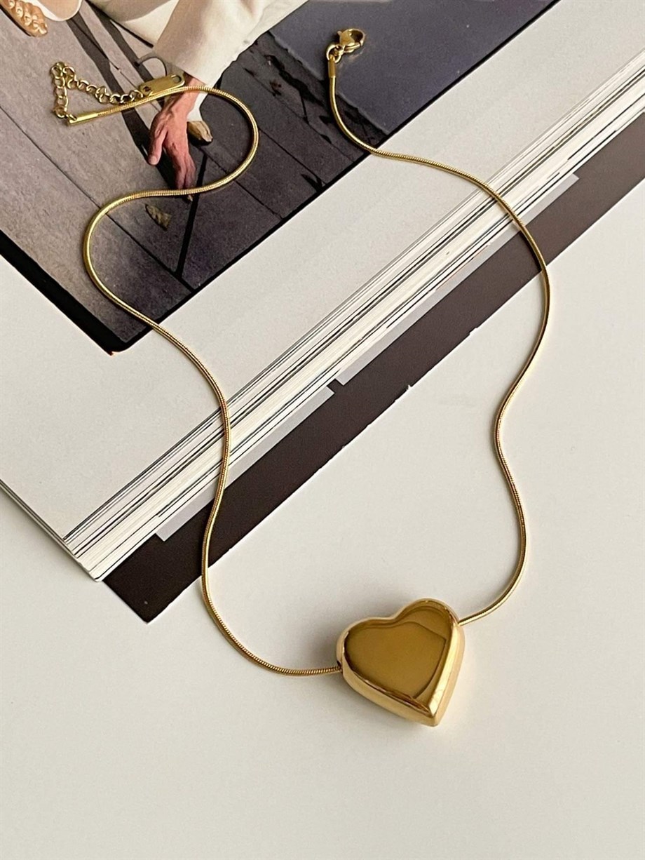 Çelik Gold Kalpli Kolye (50 Cm)