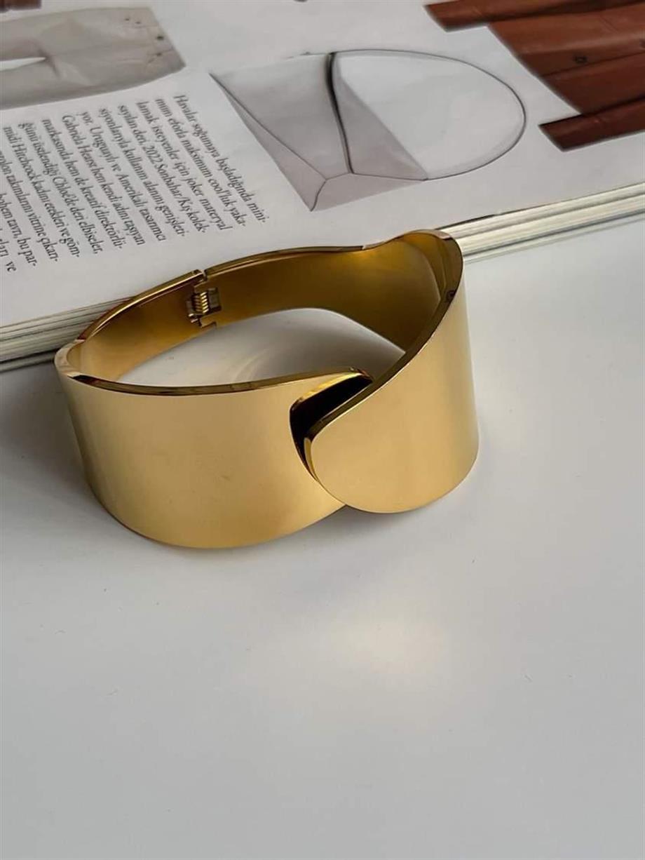 Çelik Gold Kelepçe Kalın Bileklik