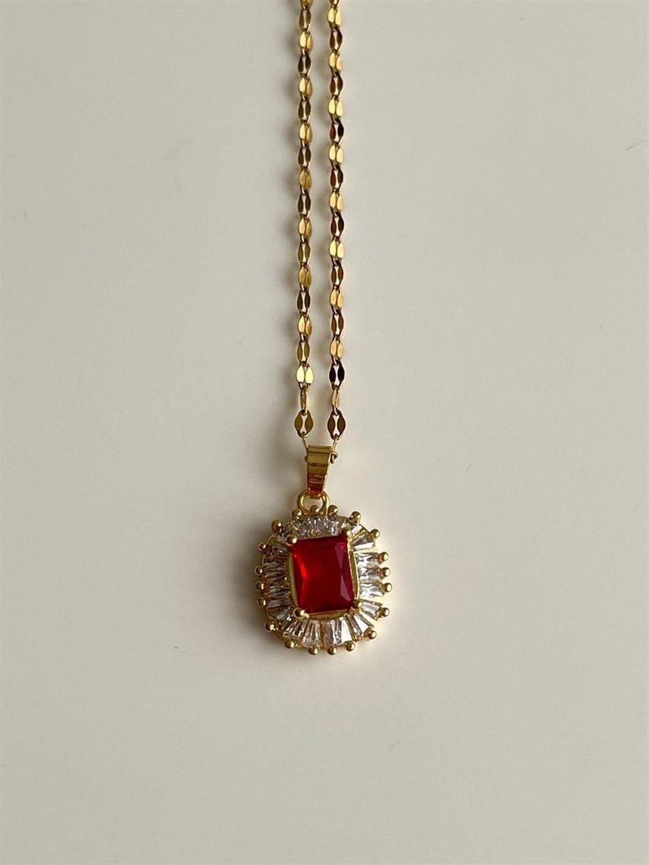 Çelik Gold Kırmızı Taşlı Hera Kolye (46 Cm)